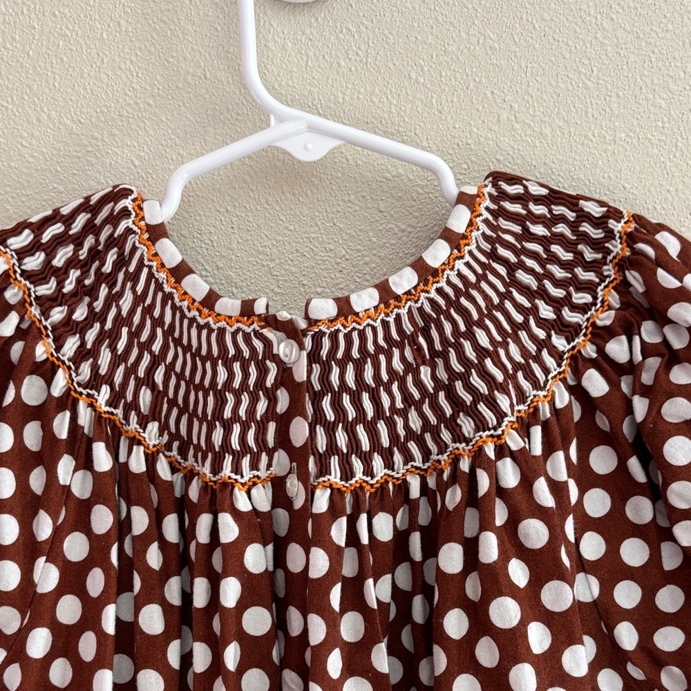 Claire & Charlie Polka Dot Kids Dress with Smocking  And Pumpkin Accents Size 6X - Picture 7 of 9